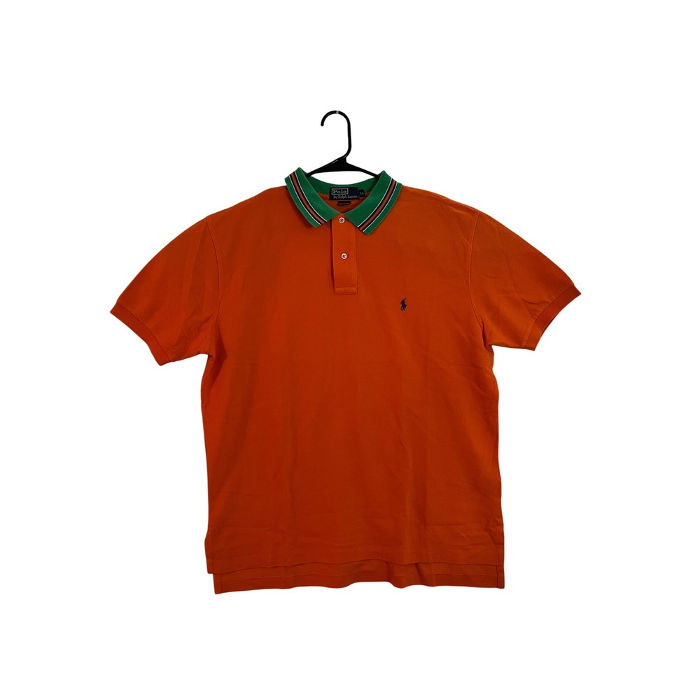Polo Ralph Lauren Mens XL Orange Pique Polo Shirt Green Striped Collar Cotton
